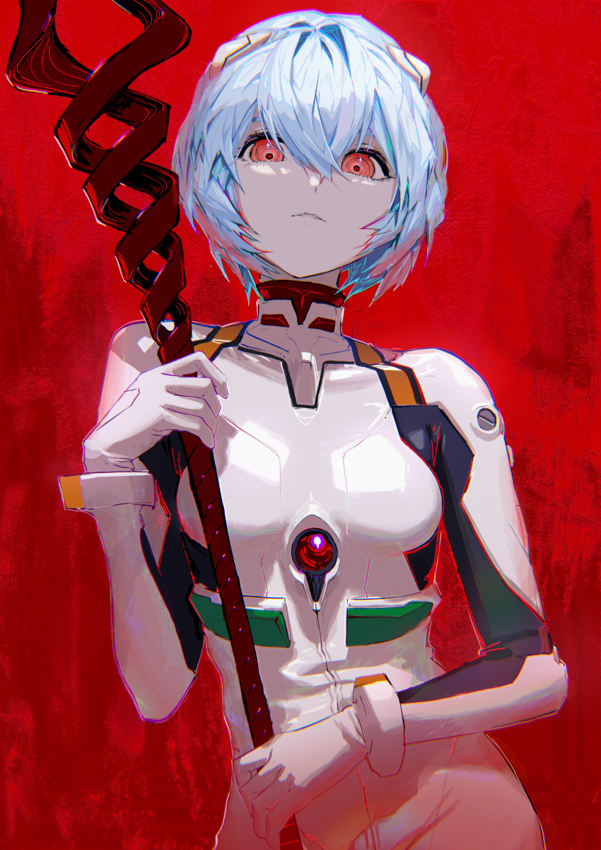 1girl, @_@, absurdres, ayanami_rei, blue_hair, breasts, chromatic_aberration, closed_mouth