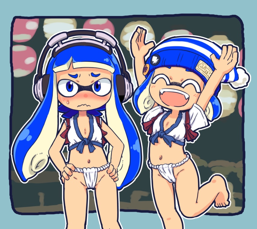2girls, ^_^, arms_up, badge, bare_legs, barefoot, blue_eyes, blue_hair
