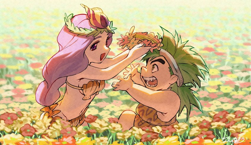 1boy, 1girl, beru_(live_a_live), bikini, breasts, cleavage, couple, eye_contact