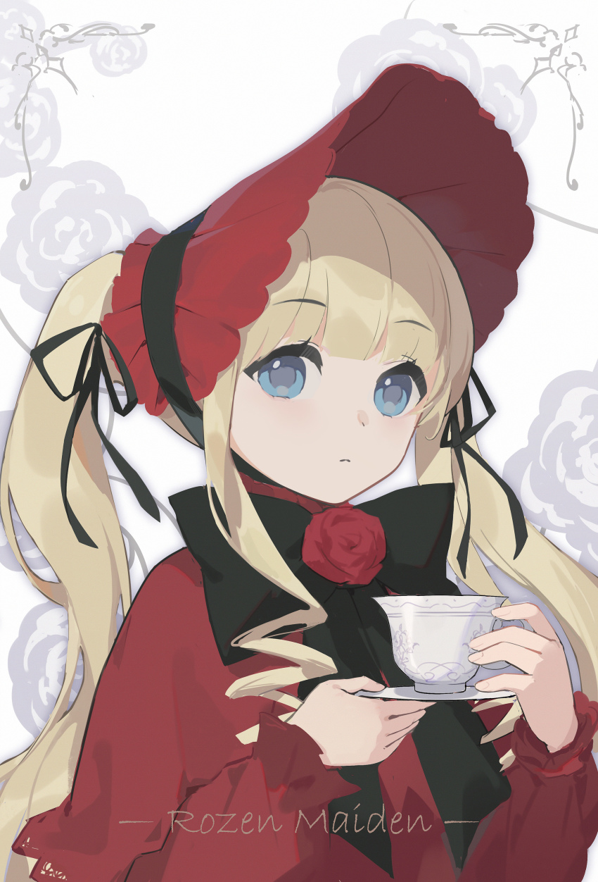 1girl, absurdres, black_bow, blonde_hair, blue_eyes, bonnet, bow, capelet