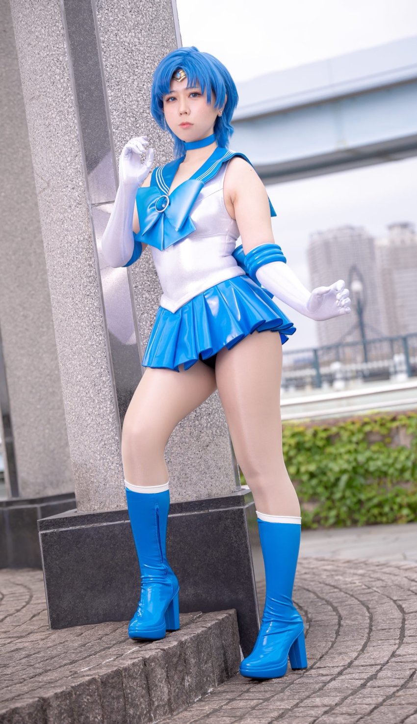 1girl, bishoujo_senshi_sailor_moon, blue_eyes, blue_hair, boots, building, cloud, cloudy_sky