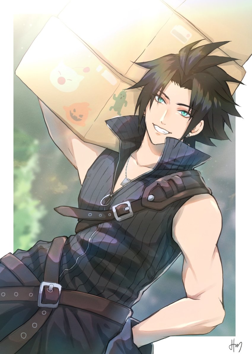 1boy, alternate_costume, aqua_eyes, bare_shoulders, belt, black_gloves, black_hair, black_shirt, bomb_(final_fantasy), border, box, chest_strap, cloud_strife, cloud_strife_(cosplay), cosplay, cowboy_shot, dog_tags, earrings, final_fantasy, final_fantasy_vii, final_fantasy_vii:_advent_children, gloves, grin, hand_on_own_hip, hato_(hato1616), high_collar, highres, holding, holding_box, jewelry, looking_at_viewer, male_focus, moogle, muscular, muscular_male, open_collar, outdoors, parted_bangs, sabotender, shirt, short_hair, signature, single_earring, sleeveless, sleeveless_shirt, smile, solo, spiked_hair, teeth, waist_cape, zack_fair