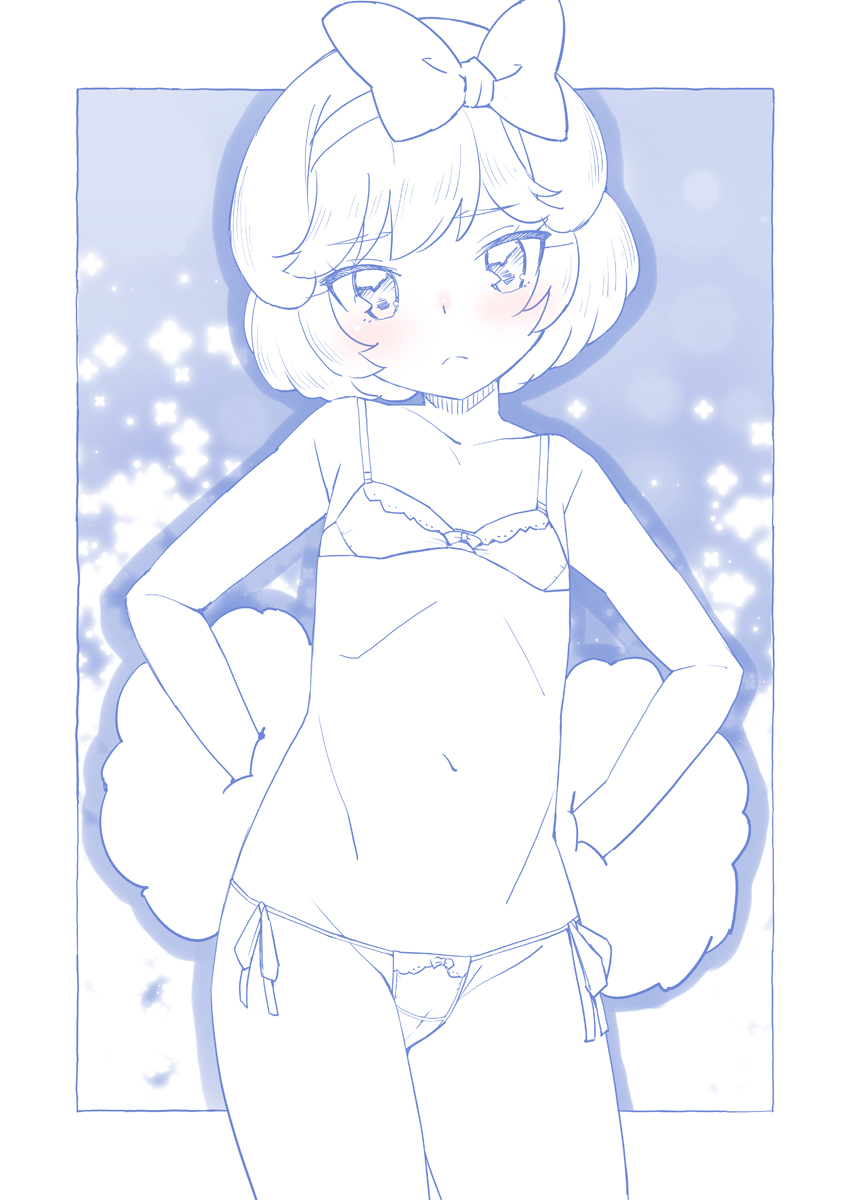 1girl, animal_ears, blue_theme, blush, bob_cut, bow, bow_bra, bow_panties