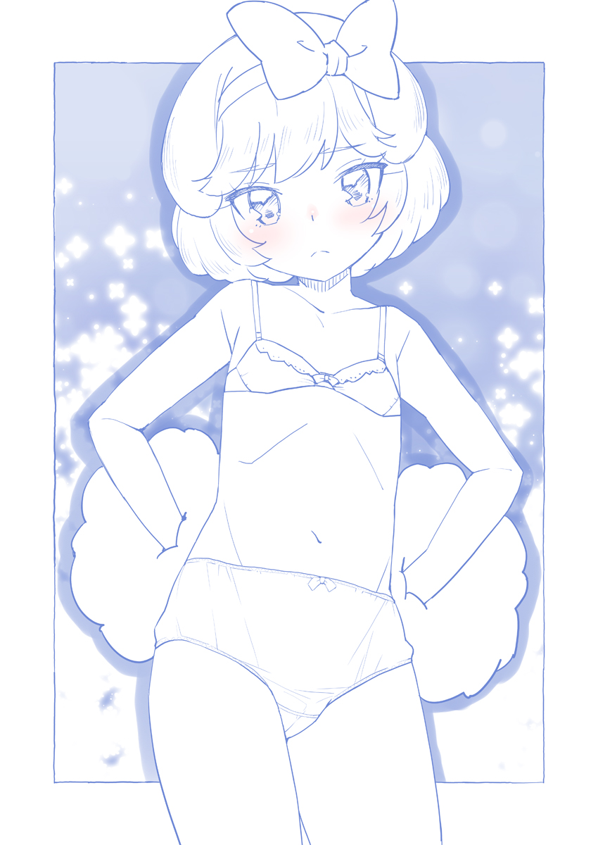 1girl, animal_ears, blue_theme, blush, bob_cut, bow, bow_bra, bow_panties