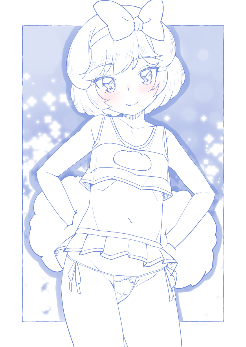 1girl, animal_ears, blue_theme, blush, bob_cut, bow, bow_panties, closed_mouth