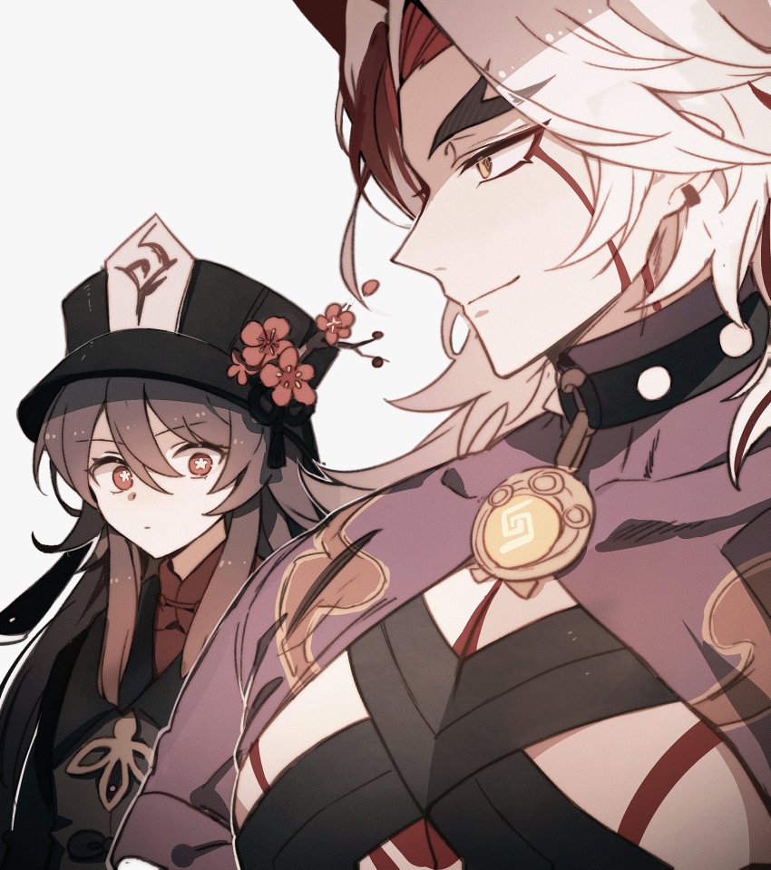 1boy, 1girl, arataki_itto, black_headwear, black_ribbon, branch, brown_coat, brown_hair, closed_mouth, coat, collar, expressionless, facial_mark, flower, flower-shaped_pupils, genshin_impact, girl_staring_at_guy's_chest_(meme), hair_intakes, hat, hat_flower, hat_ribbon, highres, hu_tao_(genshin_impact), kackaorz1, long_hair, looking_at_another, looking_at_pecs, meme, pectorals, plum_blossoms, porkpie_hat, red_eyes, ribbon, shrug_(clothing), smile, spiked_collar, spikes, symbol-shaped_pupils, talisman, thick_eyebrows, twintails, upper_body, very_long_hair, vision_(genshin_impact), white_background, white_hair, yellow_eyes