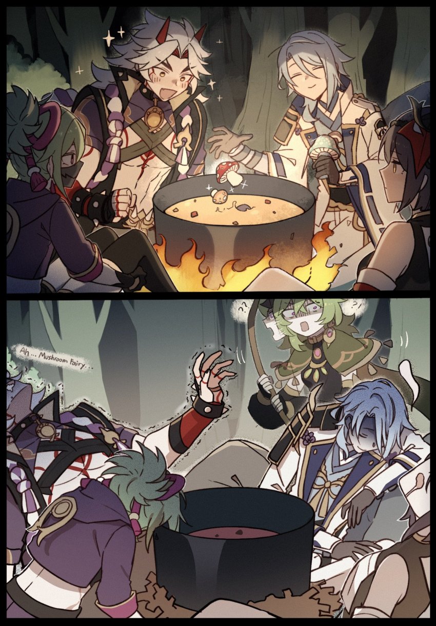 2boys, 3girls, :d, arataki_itto, bad_food, black_hair, blue_hair, bracelet, bush, coat, collei_(genshin_impact), commentary, cooking_pot, facial_mark, forest, genshin_impact, giving_up_the_ghost, green_hair, high_ponytail, highres, hood, hood_down, hooded_jacket, jacket, jewelry, kackaorz1, kamisato_ayato, kujou_sara, kuki_shinobu, long_hair, long_sleeves, mask, mask_on_head, multiple_boys, multiple_girls, mushroom, nature, open_mouth, ponytail, purple_eyes, purple_jacket, ribbon-trimmed_sleeves, ribbon_trim, shaded_face, short_hair, shrug_(clothing), smile, sparkle, spiked_bracelet, spikes, tengu_mask, told_you_not_to_do_that, tree, trembling, very_long_hair, vision_(genshin_impact), white_coat, white_hair, wide_sleeves