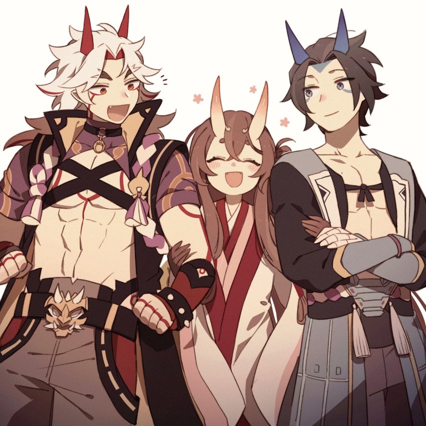 1girl, 2boys, :d, ^_^, arataki_itto, belt, black_hair, black_jacket