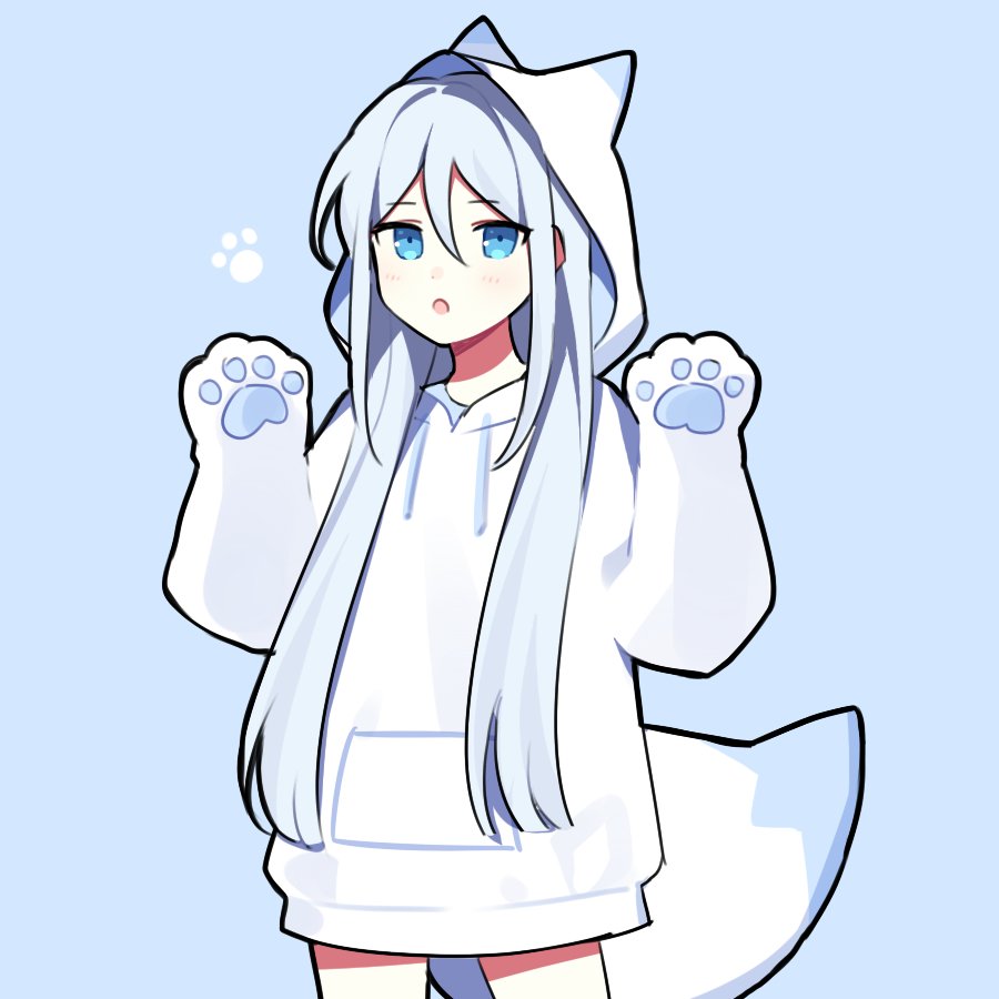 1girl, animal_hood, arms_up, blue_background, blue_eyes, blue_hair, blush, commentary_request, cowboy_shot, drawstring, fake_tail, fox_hood, fox_tail, hood, hood_up, hoodie, long_hair, looking_at_viewer, open_mouth, oversized_clothes, paw_pose, paw_print, paw_sleeves, project_sekai, simple_background, solo, tail, very_long_hair, waka_(wk4444), white_hoodie, yoisaki_kanade