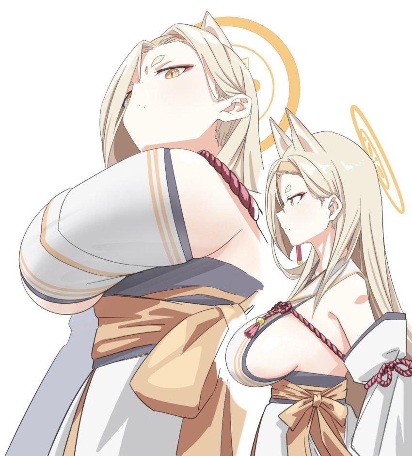 1girl, animal_ears, arms_at_sides, asymmetrical_bangs, blonde_hair, blue_archive, breasts, closed_mouth, detached_sleeves, fox_ears, from_below, hairband, halo, highres, japanese_clothes, kaho_(blue_archive), kimono, large_breasts, long_hair, mole, mole_under_mouth, multiple_views, sideboob, sideways_mouth, simple_background, sleeveless, sleeveless_kimono, slit_pupils, thick_eyebrows, upper_body, vividnatadecoco, white_background, white_kimono, yellow_eyes