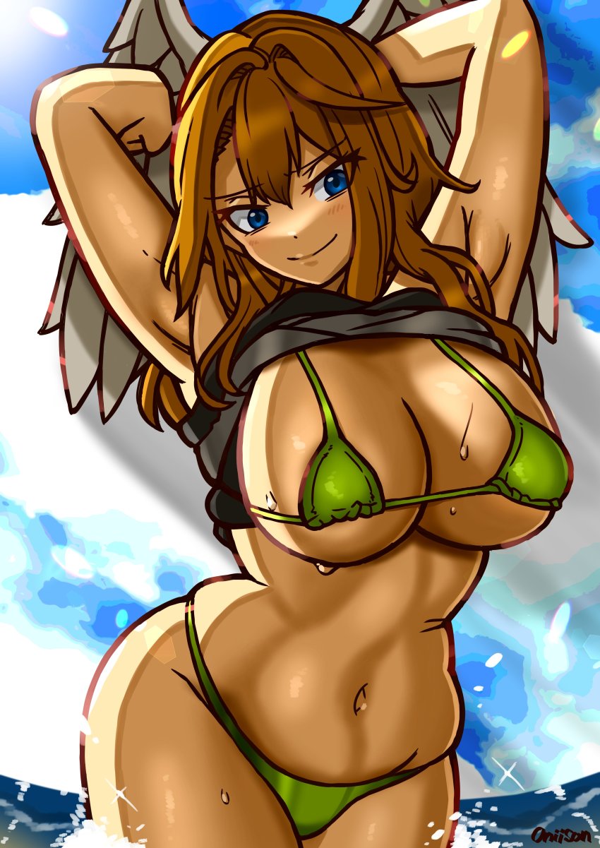 1girl, absurdres, angel_wings, armpits, arms_behind_head, artist_name, beach, bikini