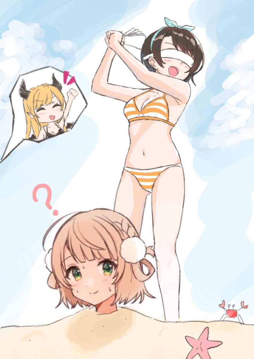 3girls, beach, bikini, black_bikini, black_hair, blonde_hair, buried, chibi, chibi_inset, commentary_request, crab, demon_horns, folding_fan, hair_ornament, hairband, hand_fan, highres, hiiragii_(hiiragi_0404), hololive, horns, impending_doom, indie_virtual_youtuber, multiple_girls, navel, oozora_subaru, oozora_subaru_(hololive_summer_2019), open_mouth, polka_dot, polka_dot_hairband, pom_pom_(clothes), pom_pom_hair_ornament, shigure_ui_(vtuber), smile, starfish, striped_bikini, striped_clothes, sweat, swimsuit, virtual_youtuber, yuzuki_choco