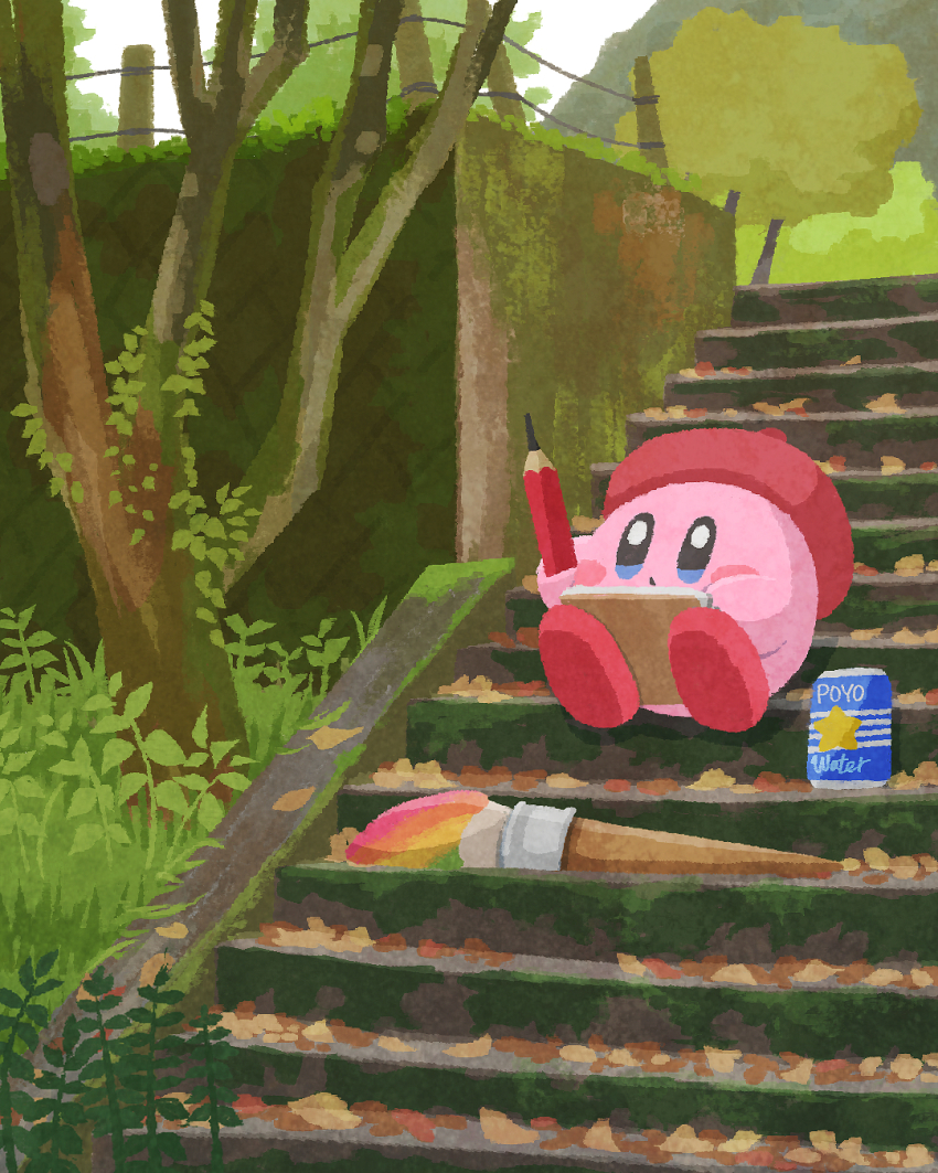 adeleine, adeleine_(cosplay), artist_kirby, beret, blue_eyes, can, cosplay, full_body, hat, highres, kirby, kirby's_dream_land, kirby_(series), leaf, miclot, nintendo, no_humans, outdoors, paintbrush, pencil, plant, red_hat, scenery, solo, stairs, tree