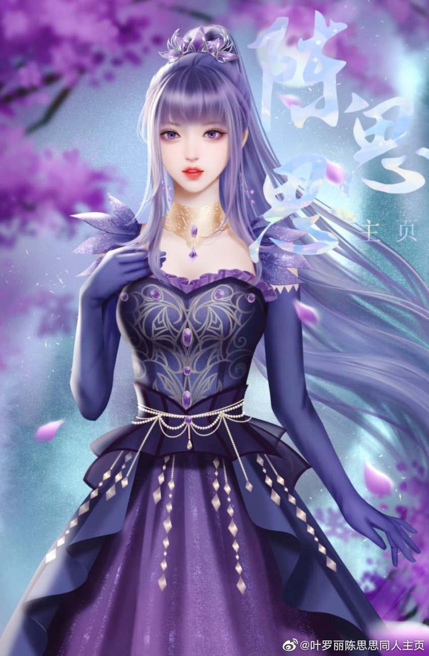 1girl, artist_request, beads, branch, chen_sisi_(ye_luoli), dress, elbow_gloves, falling_petals