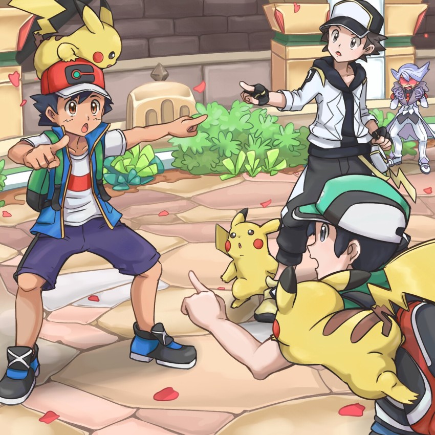 4boys, ash_ketchum, gen_1_pokemon, glasses, hat, highres, lear_(pokemon), marvel, meme, multiple_boys, nintendo, nora_(liloceands), official_alternate_costume, official_art, pikachu, pointing, pointing_at_another, pointing_finger, pointing_spider-man_(meme), pokemon, pokemon_(anime), pokemon_(creature), pokemon_journeys, pokemon_masters_ex, red_(pokemon), scottie_(pokemon), spider-man_(series), sunglasses, tagme