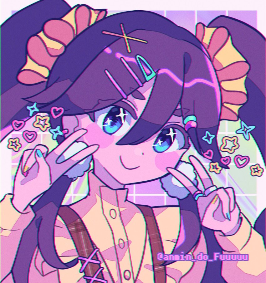 1girl, blue_eyes, blush_stickers, border, brown_hair, buttons, chromatic_aberration, collared_shirt