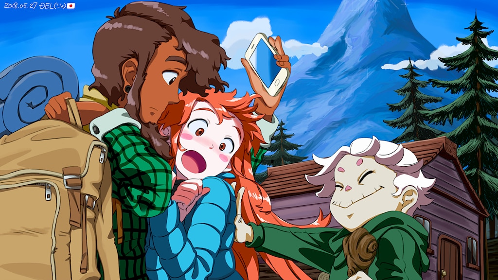 1boy, 1girl, ahoge, aqua_jacket, backpack, bag, blush, blush_stickers, cabin, celeste_(game), coat, del-chan, fake_phone_screenshot, fake_screenshot, full_body, green_jacket, jacket, long_hair, madeline_(celeste), night, old, old_woman, orange_hair, outdoors, pants, phone, pink_bag, purple_pants, scarf, sitting, sky, smile, theo_(celeste), twitter_username, very_long_hair, winter_clothes, winter_coat, yellow_scarf