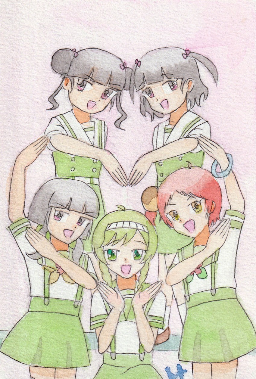 5girls, abeno-tan, black_hair, camekan-tan, green_hair, green_skirt, highres, ikenishi-tan
