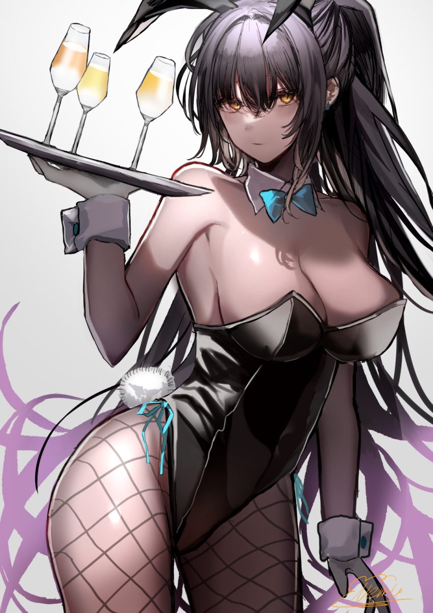 1girl, animal_ears, black_hair, black_leotard, blue_archive, bow, bowtie, breasts