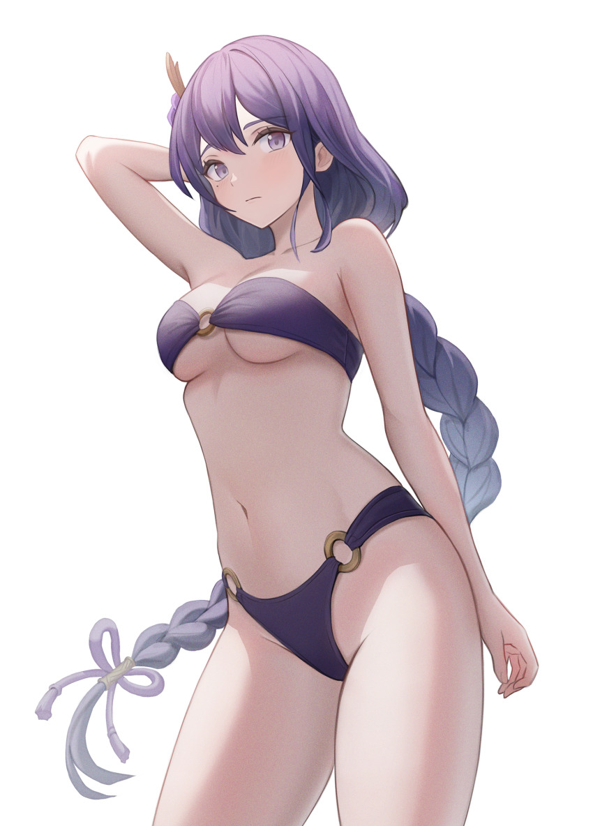 1girl, arm_at_side, arm_behind_head, arm_up, armpits, bandeau, bare_arms, bare_legs, bare_shoulders, bikini, black_bikini, blush, braid, breasts, cleavage, closed_mouth, collarbone, commentary_request, contrapposto, cowboy_shot, flower, genshin_impact, geomissword, groin, hair_between_eyes, hair_flower, hair_ornament, highres, long_hair, looking_at_viewer, low-braided_long_hair, low-tied_long_hair, medium_breasts, mole, mole_under_eye, navel, neck, o-ring, o-ring_bikini, o-ring_one-piece_swimsuit, o-ring_top, purple_bikini, purple_eyes, purple_hair, raiden_shogun, simple_background, single_braid, stomach, strapless, strapless_bikini, swimsuit, very_long_hair, white_background