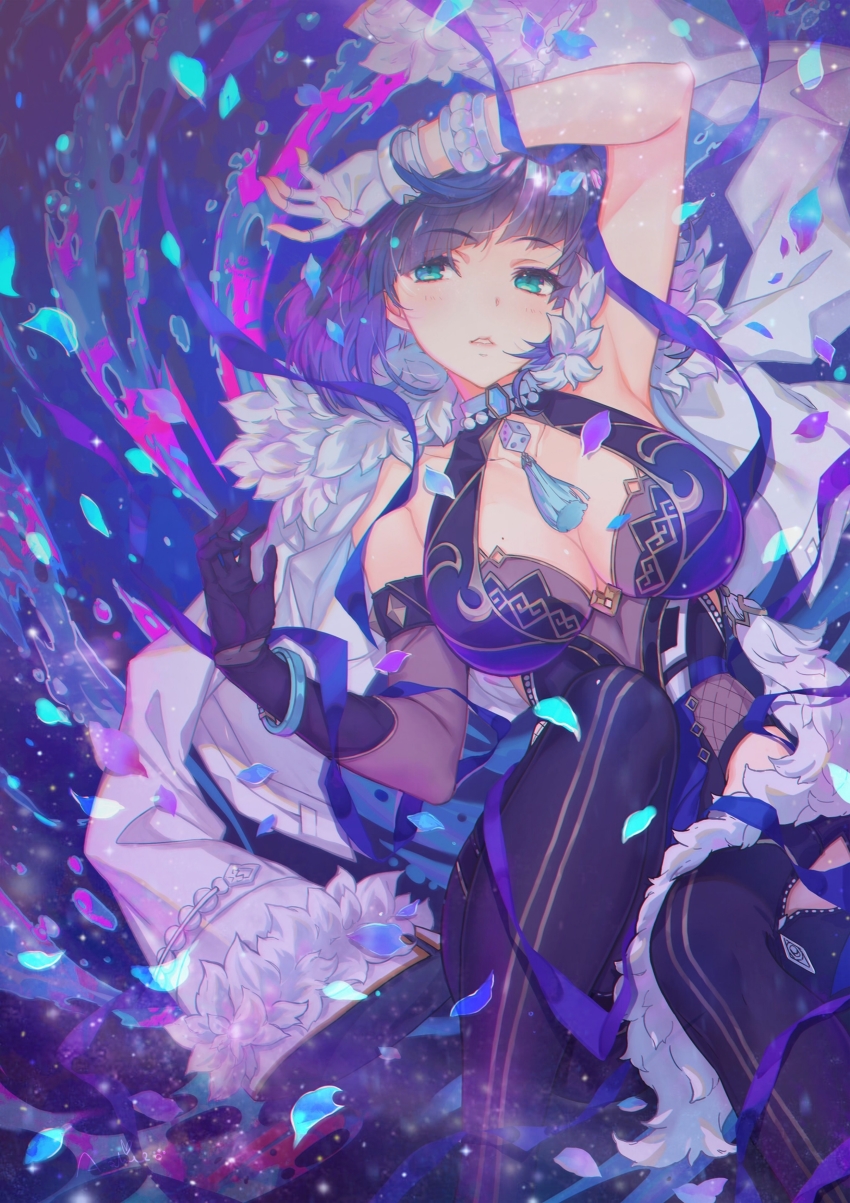 1girl, a-ton, absurdres, aqua_eyes, arm_up, asymmetrical_gloves, bare_shoulders, bead_choker