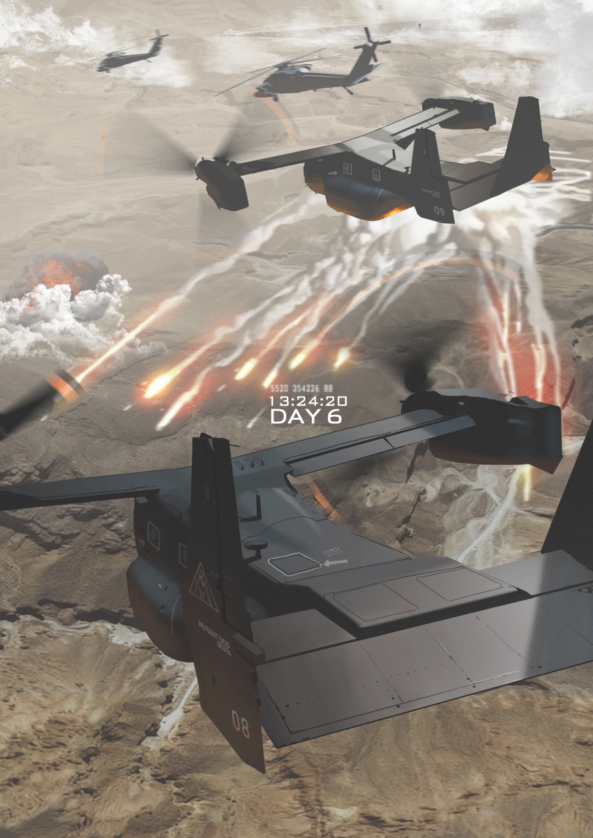 absurdres, aircraft, black_soldier, day, desert, explosion, flare, flying