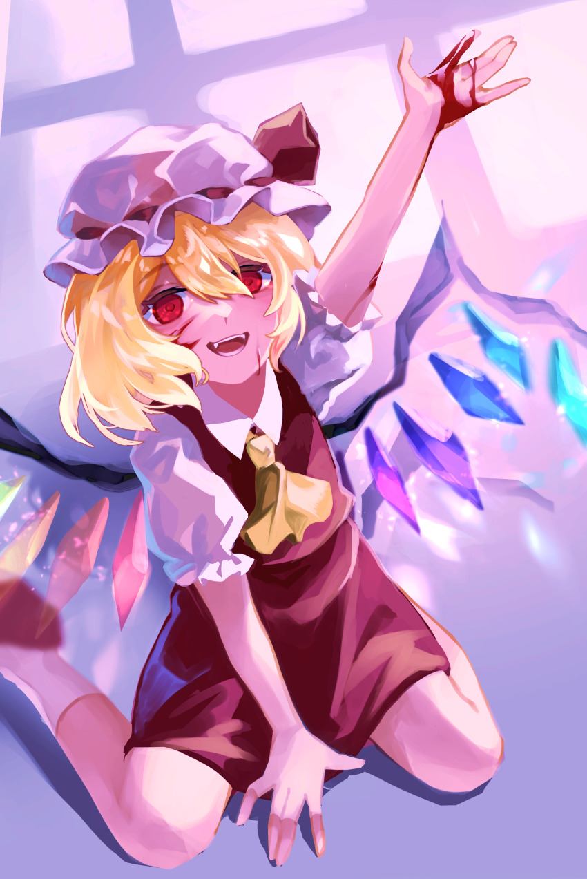 1girl, \||/, absurdres, arm_up, ascot, beekan, blonde_hair, blood