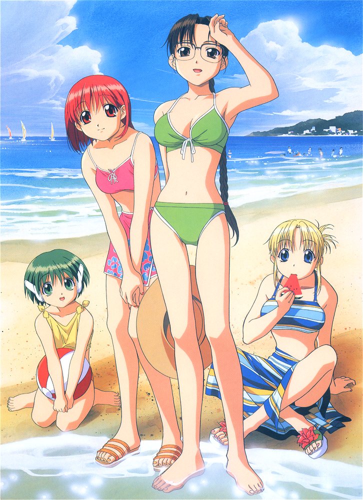 4girls, arm_behind_back, armpits, ball, barefoot, beach, bikini, blonde_hair