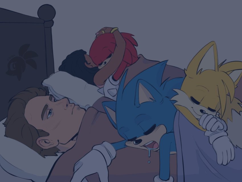 1girl, 4boys, 500_dollar_four_foot_tall_mareep_(meme), blanket, blue_eyes, blue_fur, brown_hair, closed_eyes, commentary, dark-skinned_female, dark_skin, english_commentary, furry, furry_male, gloves, hug, jewelry, knuckles_the_echidna, lying, maddie_wachowski, meme, multiple_boys, on_bed, open_mouth, pillow, qkora01, red_fur, ring, saliva, sleeping, sleeping_on_person, snoring, sonic_(live_action), sonic_(series), sonic_the_hedgehog, sonic_the_hedgehog_(movie), tails_(sonic), tom_wachowski, under_covers, video_game, white_gloves, yellow_fur