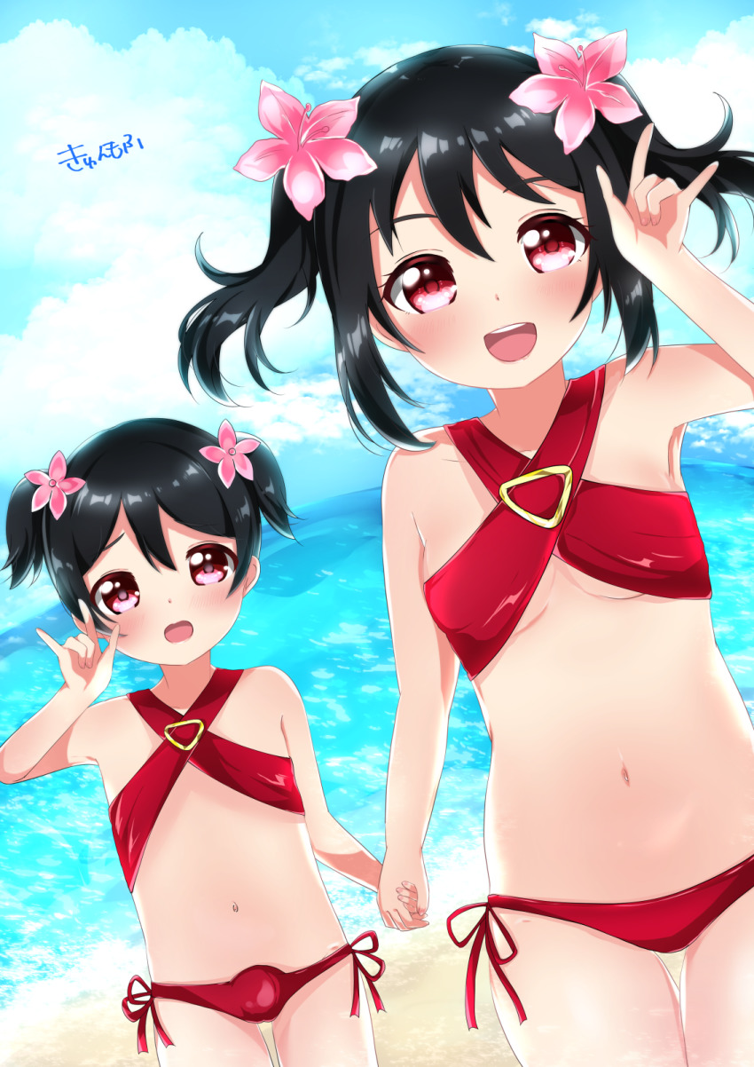 1boy, 1girl, bikini, black_hair, blue_sky, brother_and_sister, highres, horizon