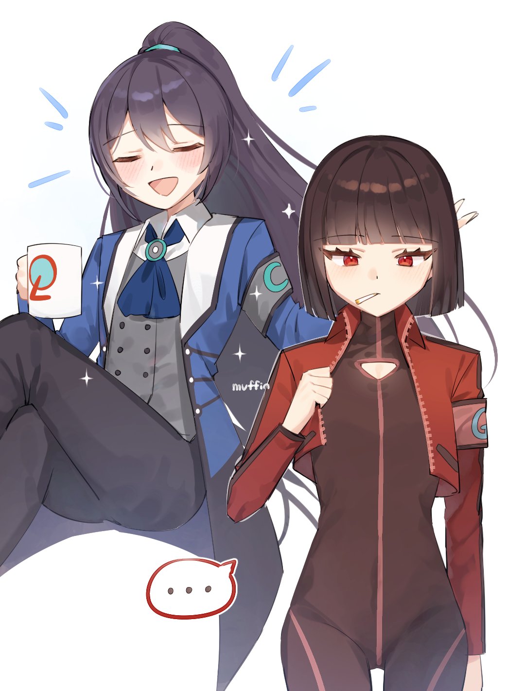 ..., 1boy, 1girl, :d, armband, ascot, black_pants, blue_ascot, blue_coat, blunt_bangs, blunt_ends, blush, bodysuit, breasts, brown_bodysuit, brown_hair, buttons, chesed_(project_moon), chesed_(project_moon)_(cosplay), cigarette, closed_eyes, coat, coffee_mug, collared_shirt, cosplay, cowboy_shot, cropped_jacket, crossed_legs, cup, double-breasted, facing_viewer, feet_out_of_frame, gebura_(project_moon), gebura_(project_moon)_(cosplay), grey_vest, hair_between_eyes, highres, holding, holding_cup, hong_lu_(project_moon), invisible_chair, jacket, limbus_company, long_hair, looking_down, love_mintchoco, mug, notice_lines, open_mouth, pants, ponytail, project_moon, red_eyes, red_jacket, ryoshu_(project_moon), shirt, short_hair, simple_background, sitting, small_breasts, smile, smoking, sparkle, spoken_ellipsis, vest, white_background, white_shirt