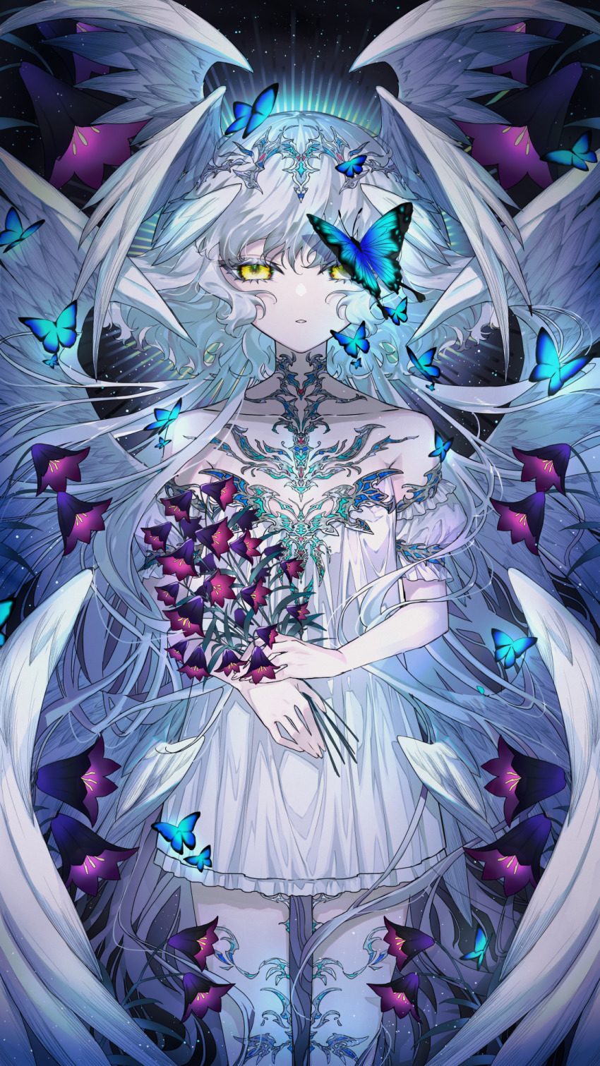 1girl, angel, angel_wings, black_background, blue_butterfly, blue_light, bug, butterfly, chocolate4170615, dress, flower, head_wings, highres, insect, long_hair, multiple_wings, original, parted_lips, purple_flower, seraph, smile, solo, teeth, thighhighs, tiara, white_dress, white_hair, wings, yellow_eyes