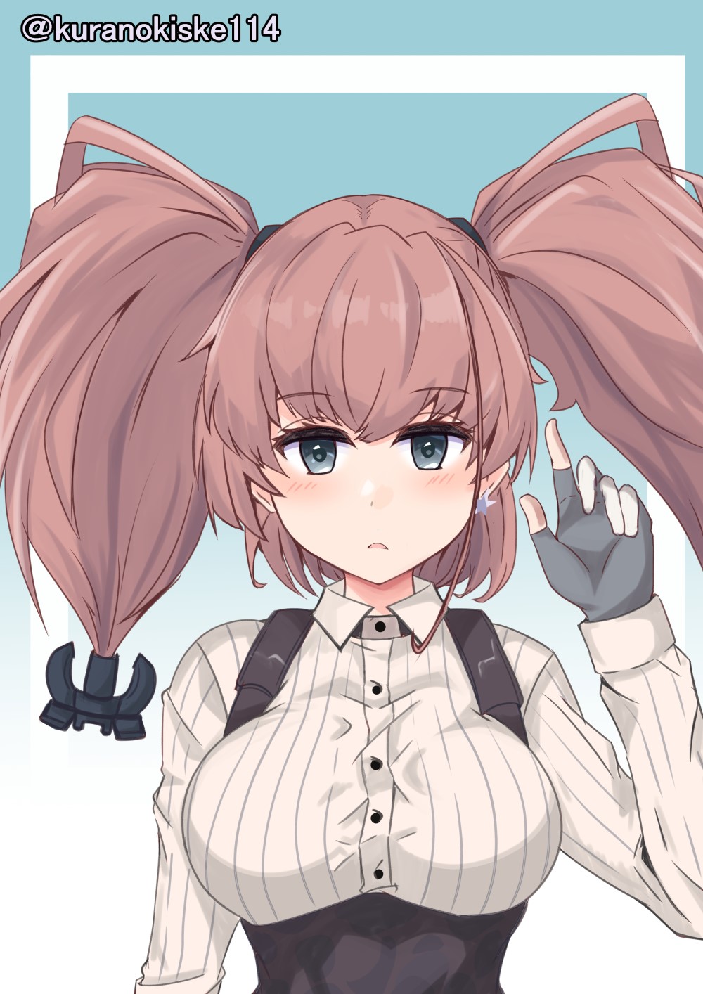 1girl, anchor_hair_ornament, atlanta_(kancolle), breasts, brown_hair, commentary_request, dress_shirt, earrings