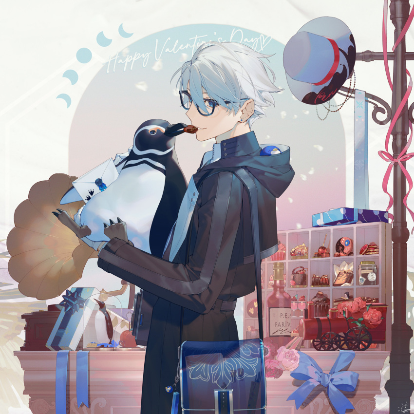 1boy, animal, bag, belt, bird, black-framed_eyewear, black_coat, blue_bow