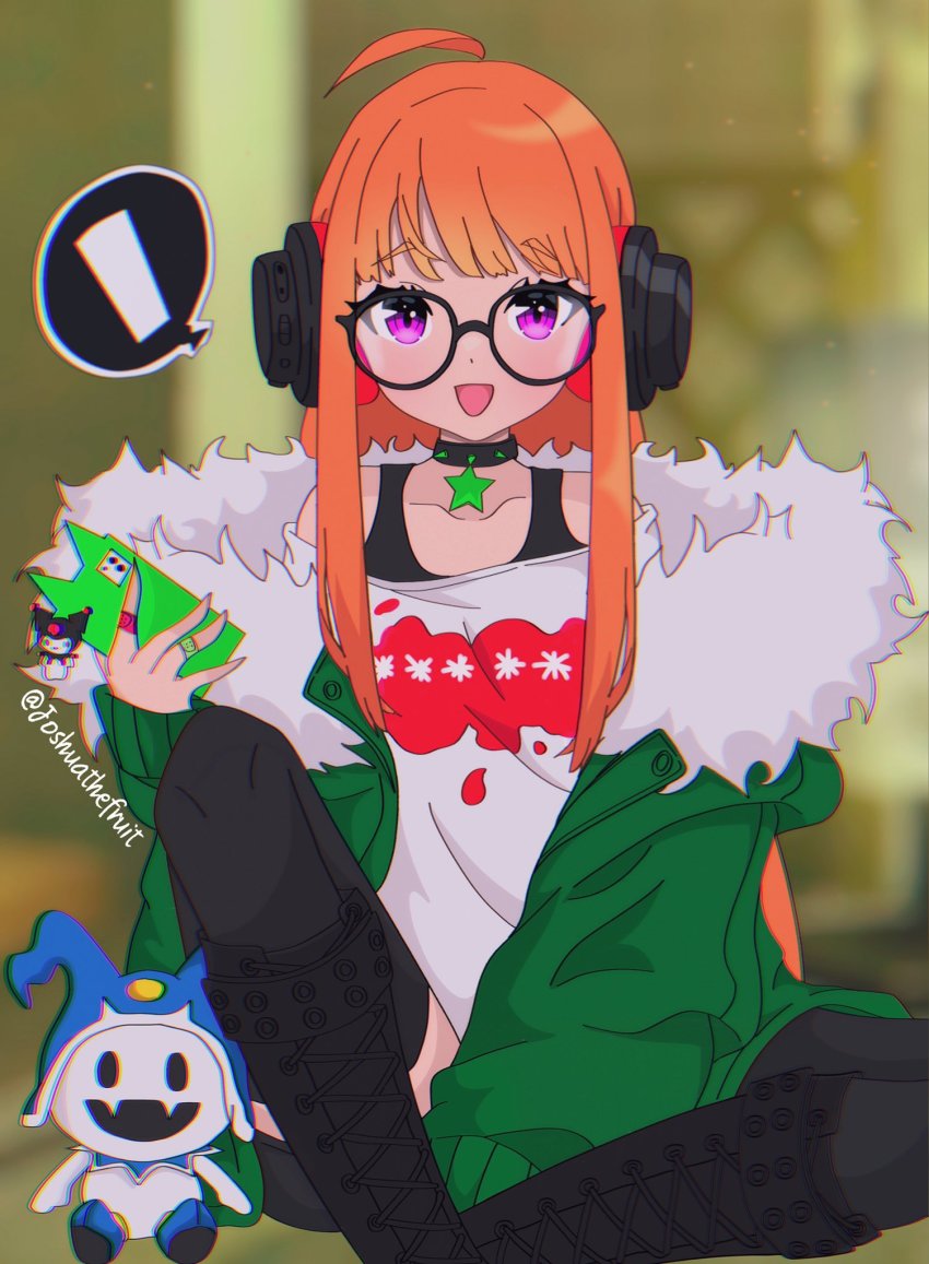 1girl, ahoge, bare_shoulders, black-framed_eyewear, black_camisole, black_thighhighs, blurry, blurry_background, camisole, cellphone, character_doll, collarbone, commentary, doll, fur-trimmed_jacket, fur_trim, glasses, green_jacket, headphones, highres, holding, holding_phone, indoors, jack_frost_(megami_tensei), jacket, joshuathefruit, long_hair, long_sleeves, looking_at_viewer, off_shoulder, open_clothes, open_jacket, open_mouth, orange_hair, persona, persona_5, phone, pink_eyes, sakura_futaba, shirt, sidelocks, sitting, smile, solo, straight_hair, thighhighs, twitter_username, white_shirt