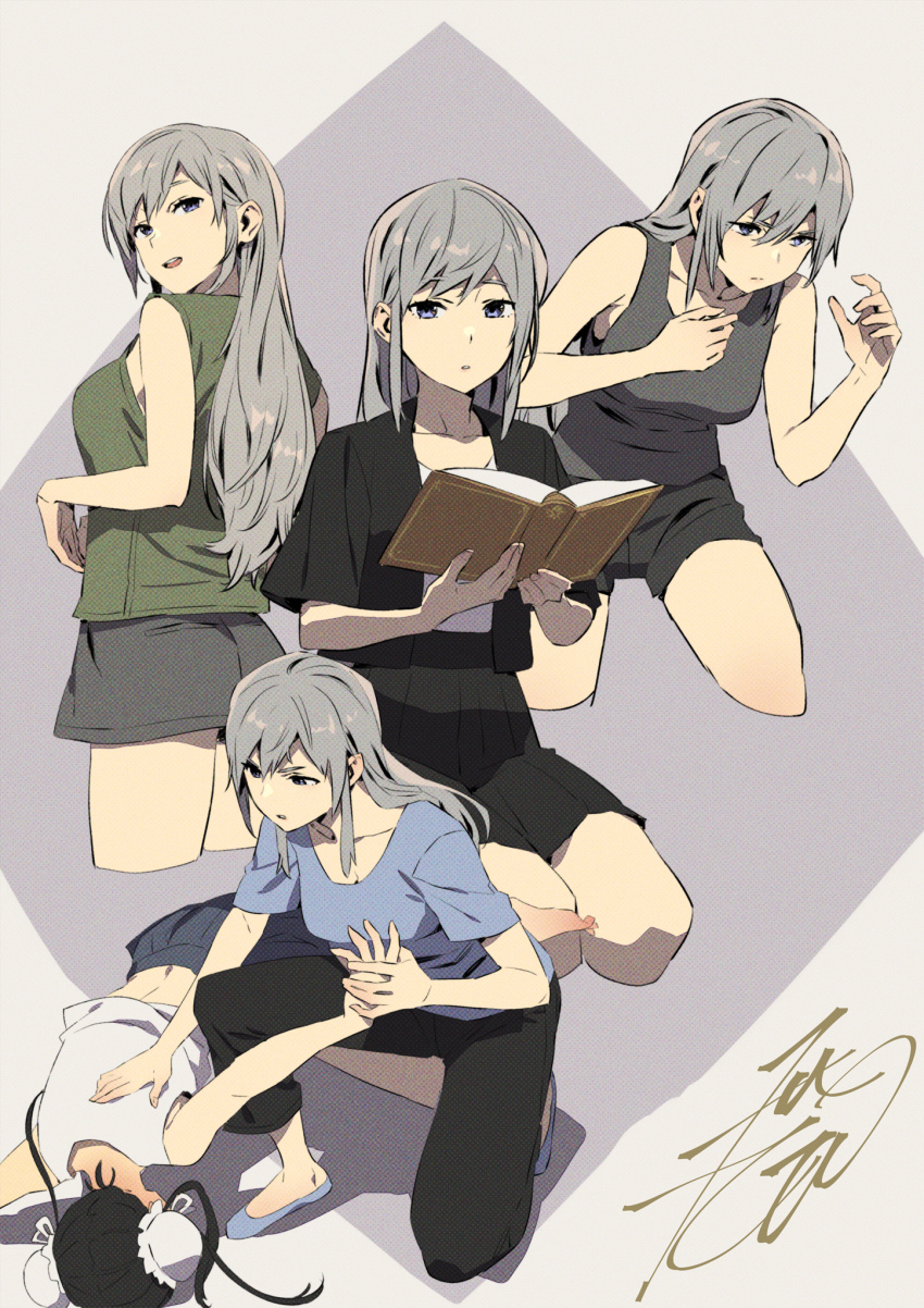 2girls, black_hair, blue_eyes, book, cropped_legs, double_bun, fei_li, fighting_stance