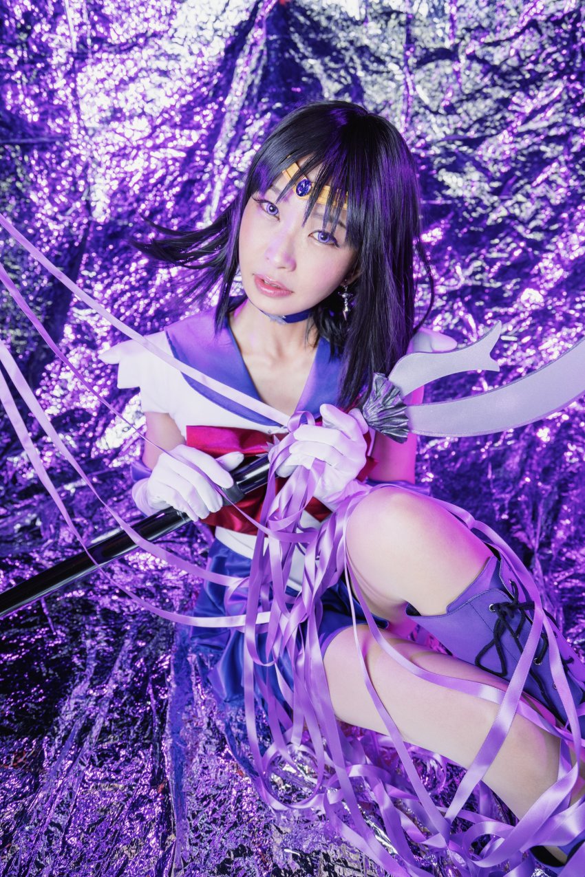 absurdres, cosplay, highres, kyoko, purple_background, purple_eyes, sailor_saturn, sailor_saturn_(cosplay)