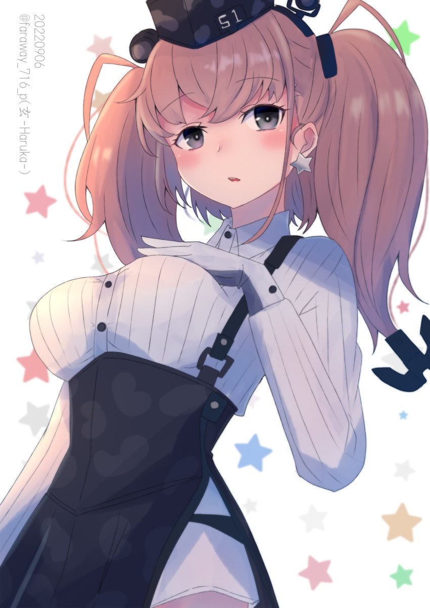 1girl, anchor_hair_ornament, atlanta_(kancolle), black_hat, black_skirt, breasts, brown_hair, dated