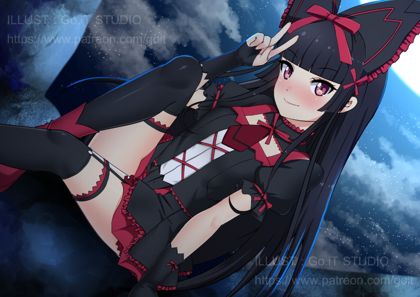 1girl, artist_name, black_bow, black_hair, black_thighhighs, blunt_bangs, blush, bow, bridal_gauntlets, closed_mouth, detached_collar, dutch_angle, frilled_bow, frills, garter_straps, gate_-_jieitai_ka_no_chi_nite_kaku_tatakaeri, go-it, hair_bow, hair_ribbon, highres, long_hair, looking_at_viewer, miniskirt, necktie, pleated_skirt, red_eyes, red_footwear, red_necktie, red_ribbon, red_skirt, ribbon, rory_mercury, short_necktie, short_sleeves, sitting, skirt, sky, smile, solo, star_(sky), starry_sky, thigh_strap, thighhighs, v, very_long_hair, watermark, web_address, zettai_ryouiki