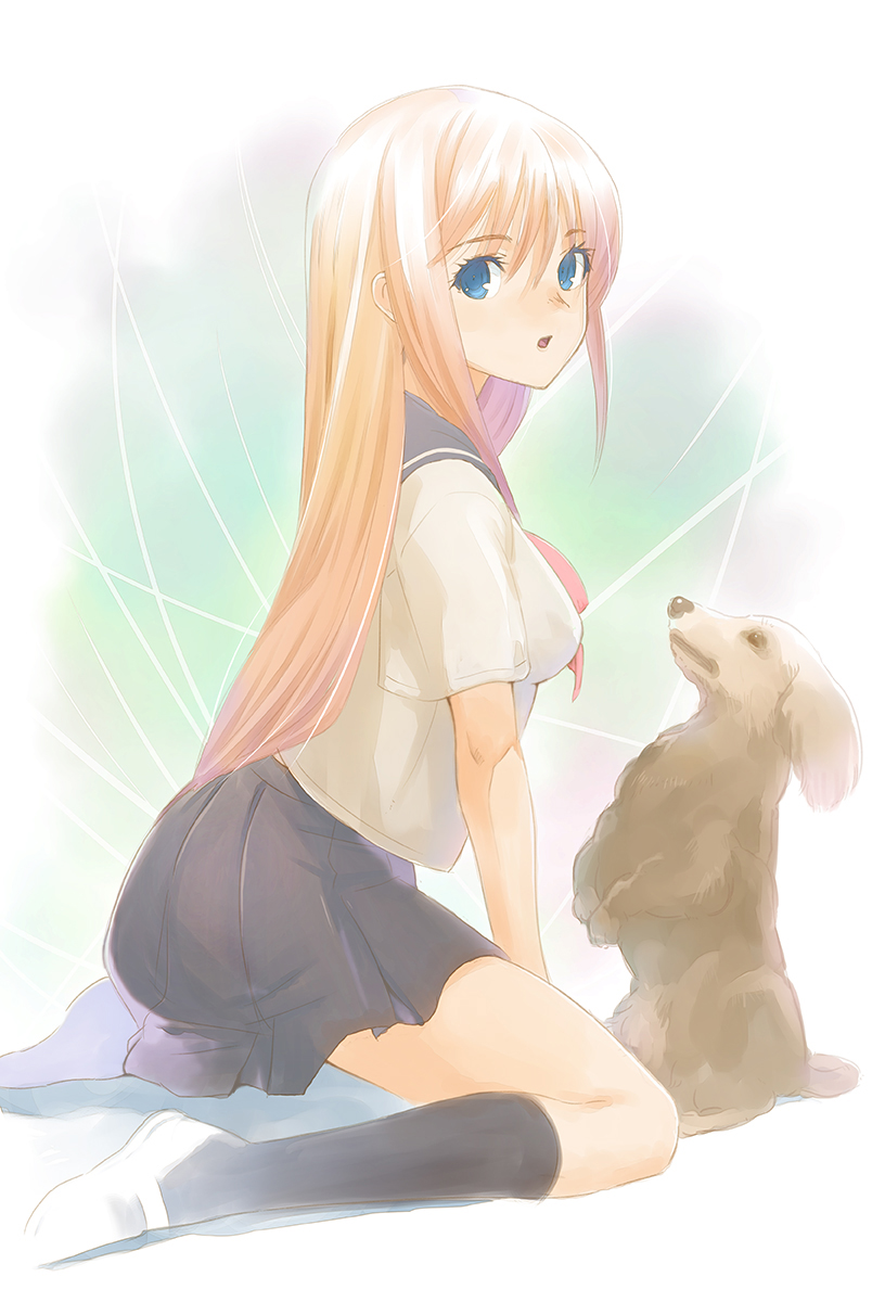 1girl, between_legs, black_socks, blonde_hair, blue_eyes, collared_shirt, from_side, grey_sailor_collar