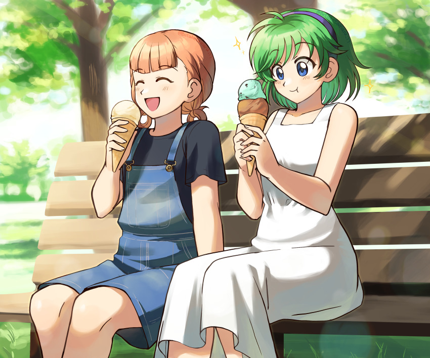 2girls, :d, absurdres, alternate_costume, annette_fantine_dominic, bench, betabetamaru, black_shirt