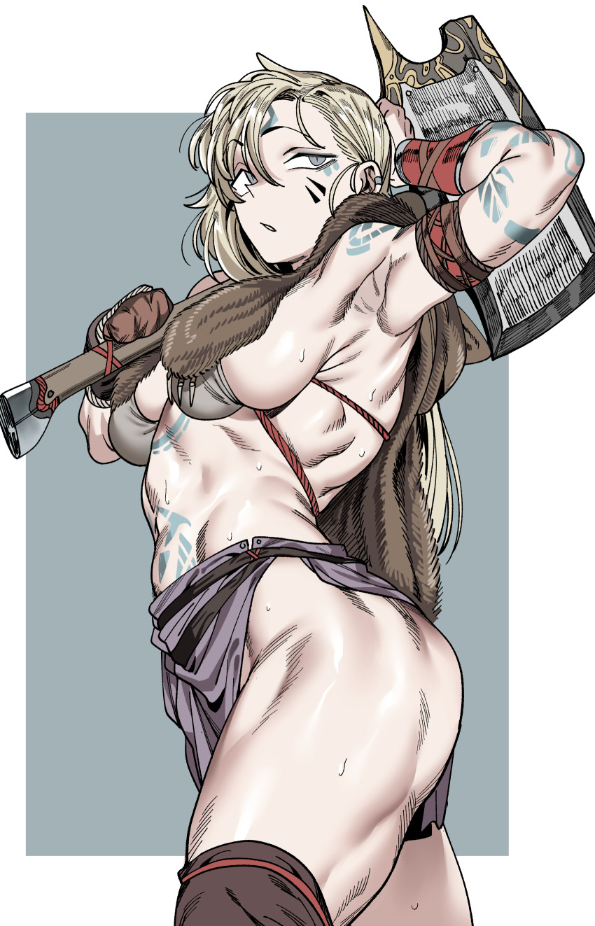 1girl, abs, absurdres, arm_up, armband, armpits, ass, axe
