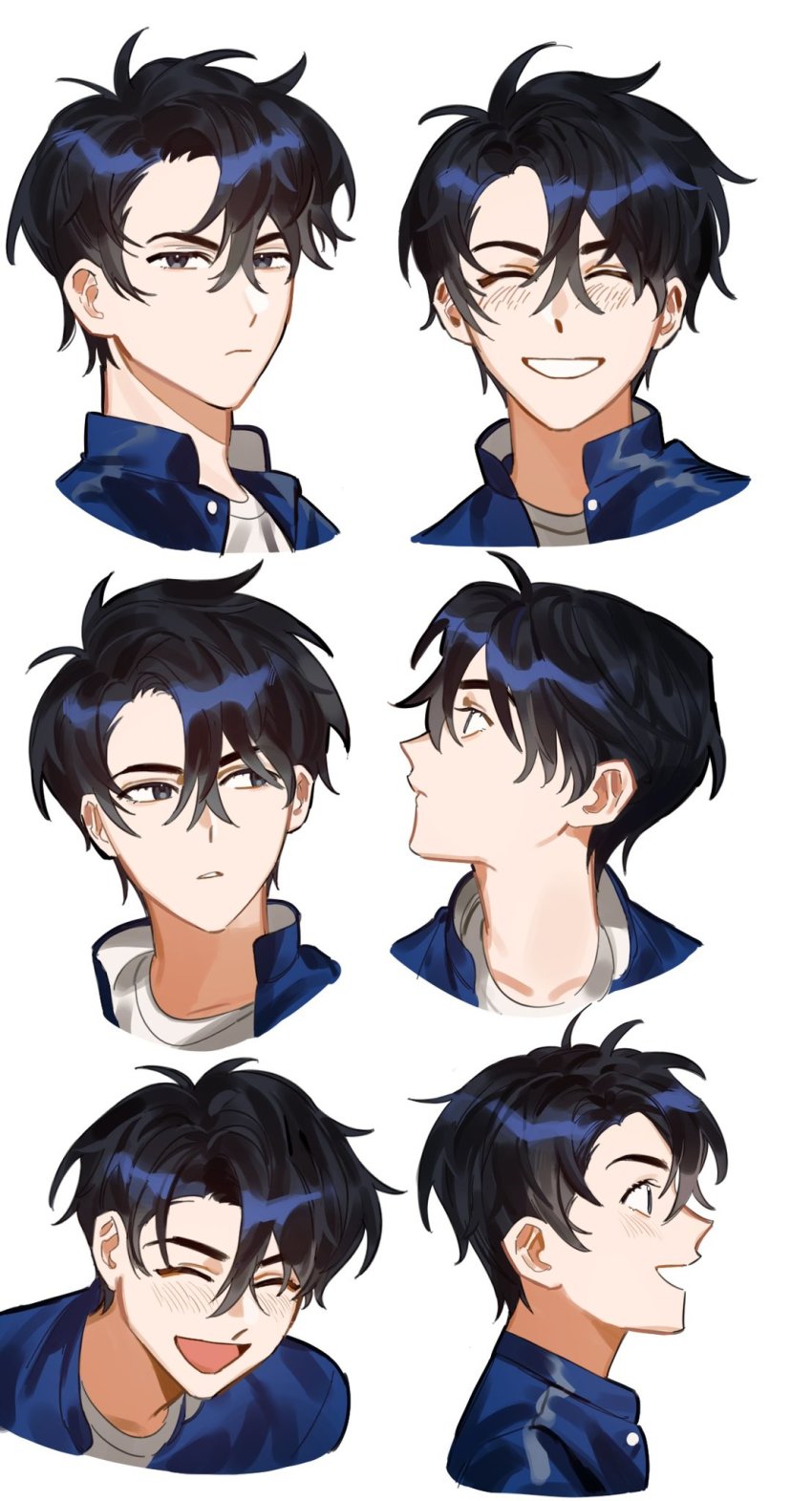 1boy, black_hair, blush, closed_eyes, closed_mouth, commentary, english_commentary, multiple_expressions