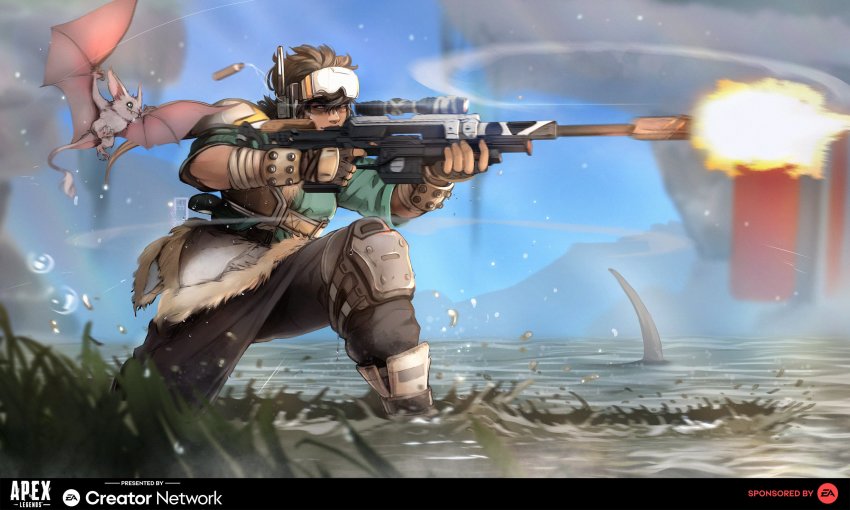 1girl, a-13_sentry, aiming, apex_legends, bat_(animal), black_pants, blue_eyes, brown_eyes, brown_gloves, brown_hair, commentary, echo_(apex_legends), electronic_arts, english_commentary, fangs, fingerless_gloves, firing, flying, fur_trim, gloves, gun, highres, ifragmentix, knee_pads, logo, on_one_knee, pants, rifle, scope, shell_casing, short_hair, smile, sniper_rifle, solo_focus, vantage_(apex_legends), water, weapon
