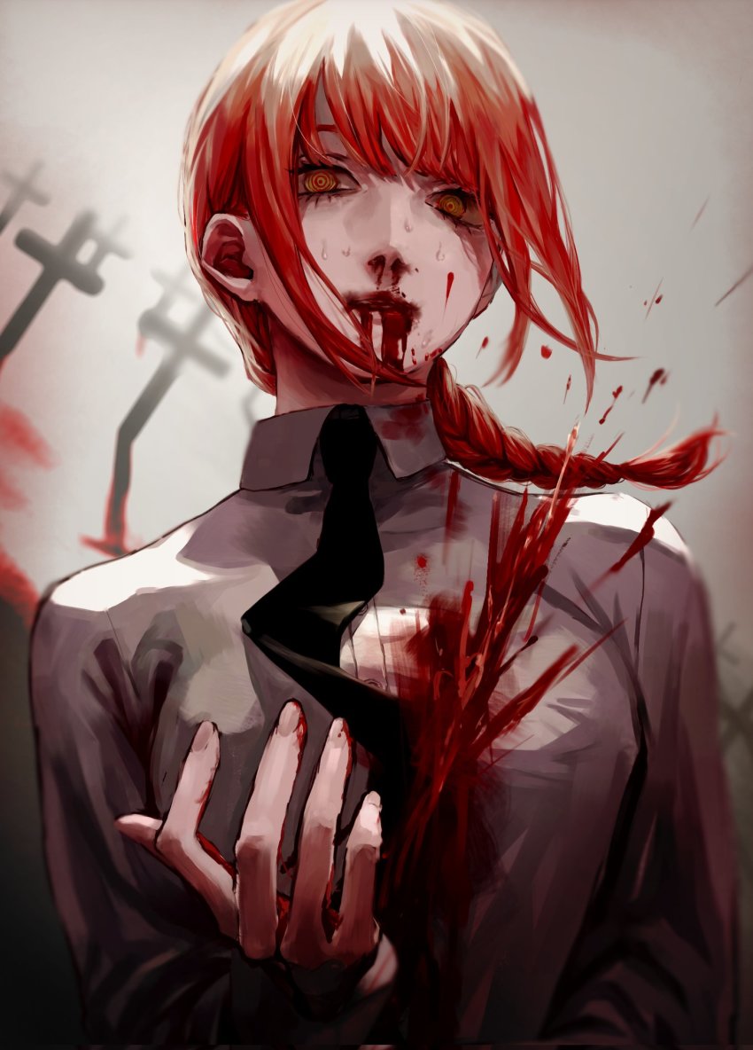 1girl, black_necktie, blood, blood_from_mouth, blood_on_clothes, blood_on_face, blood_on_hands, braid
