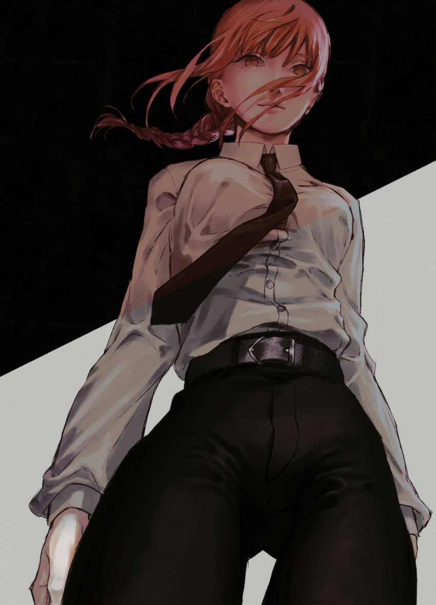 1girl, belt, black_belt, black_necktie, black_pants, braid, chainsaw_man, collared_shirt