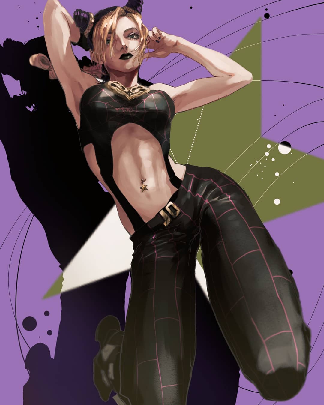1girl, arm_behind_head, arm_up, bare_shoulders, belt_buckle, black_footwear, black_lips, black_pants, blonde_hair, buckle, closed_mouth, double_bun, eyelashes, fingernails, green_eyes, hair_between_eyes, hair_bun, heart, highres, jojo_no_kimyou_na_bouken, kuujou_jolyne, long_eyelashes, long_fingernails, long_hair, momota_ro5555, multicolored_hair, nail_polish, navel, navel_piercing, pants, piercing, purple_hair, purple_nails, shadow, solo, spider_web_print, star_(symbol), stone_ocean