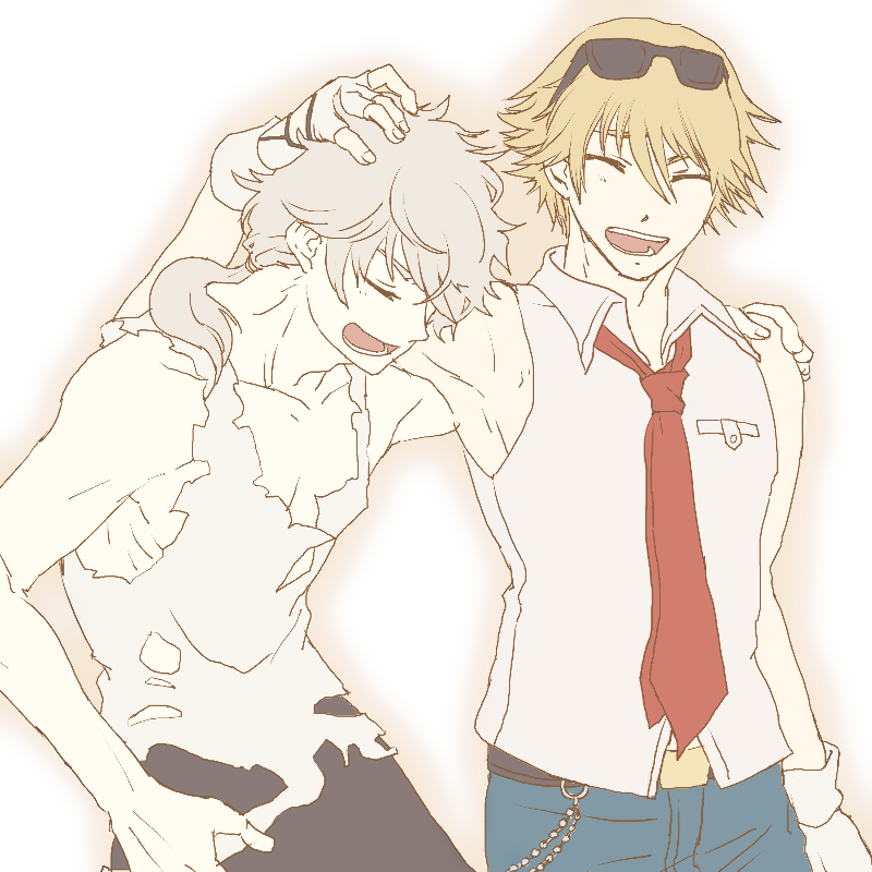 2boys, alexander_digotz, blonde_hair, blue_pants, collared_shirt, commentary_request, cowboy_shot, eyewear_on_head