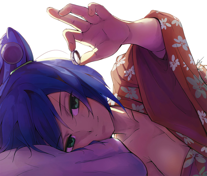 1girl, blue_hair, breasts, cleavage, commission, eden's_zero, green_eyes, japanese_clothes