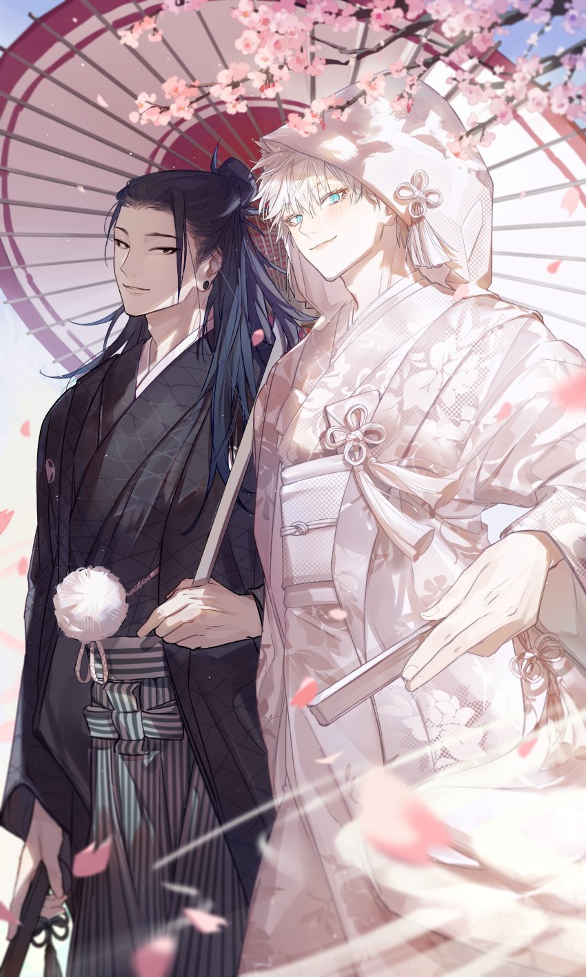 2boys, absurdres, black_eyes, black_hair, blue_eyes, crossdressing, crossdressing_(mtf), dress, ear_piercing, earrings, folding_fan, geto_suguru, gojo_satoru, hand_fan, happy, highres, holding, holding_fan, japanese_clothes, jewelry, jujutsu_kaisen, kimono, long_hair, marriage, married, multiple_boys, piercing, plug_(piercing), qin_x5, smile, traditional_clothes, trap, uchikake, wedding, wedding_dress, weeding, white_hair, yaoi